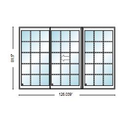 PELLA LIFESTYLE SERIES CONTEMPORARY 3 PANEL OXO 126" X 81.5" ADVANCED LOW-E INSULATING TEMPERED ARGON FILL GLASS ASSEMBLED SLIDING/GLIDING PATIO DOOR GRILLES/SCREEN OPTIONS
